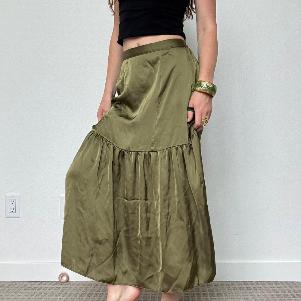 Topshop sage green satin tiered maxi skirt